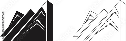 Abstract geometric mountain peaks, minimalist line art and solid silhouette vector illustration for outdoor brand identity, adventure logo design