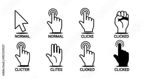 Cursor icons set with various hand gestures and click states featuring mouse pointer, user interface, UI elements with