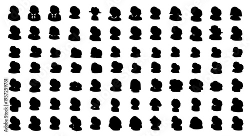 Silhouettes people diverse set with various hats and accessories featuring profiles, faces, heads with icons and