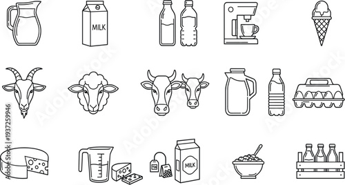 Professional Dairy and Breakfast Line Art Icons Featuring Milk Containers Cheese Eggs and Farm Livestock for Grocery and Culinary Design