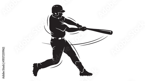 Silhouette of a baseball player swinging a bat with dynamic motion lines, depicting a powerful hit in a game.
