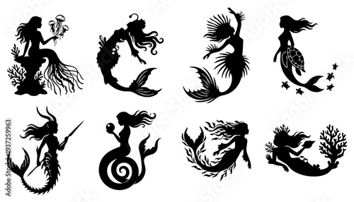 Fantasy Mermaid and Sea Life Silhouette Vector Icon Set