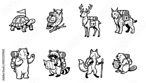 Cute Hiking and Camping Animals Adventure Icon Set