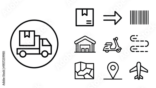 Logistics and delivery outline icon set with truck, package, warehouse and airplane shipping symbols isolated vector collection