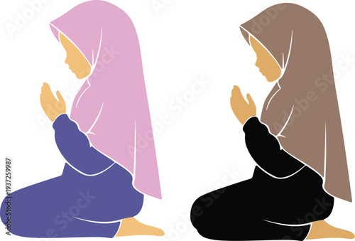 Illustration of Muslim women wearing hijab sitting and raising hands in dua prayer– Islamic Faith Spiritual Worship Illustration