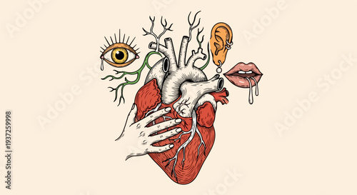 Surreal anatomical heart with eye ear lips and hand