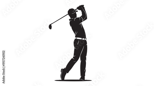 Silhouette of a male golfer in the middle of a powerful golf swing, preparing to hit the ball with a club, isolated on a white background.