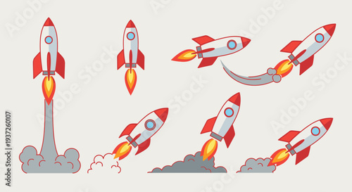 Set of Rockets Launching and Flying with Smoke Trails in Bright Studio