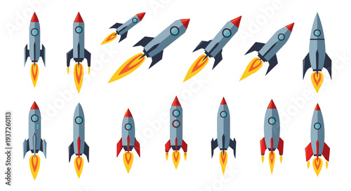 Dynamic Collection of Colorful Cartoon Rockets and Spaceships Launching with Fiery Exhaust in Bright Studio