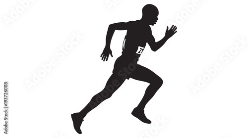 Silhouette of a male athlete sprinting with a race bib, captured in dynamic motion against a white background.