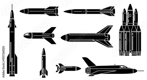 Set of Black Silhouette Spacecraft, Missiles, and Rocket Components Side View on Light Beige Background