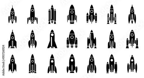 Smaller Set of Simple Black Silhouette Rockets and Spaceship Icons on Bright Studio Background