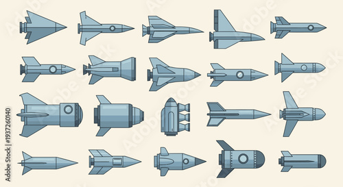 Set of Flat Design Spacecraft, Missiles, and Rocket Components on Light Beige Background