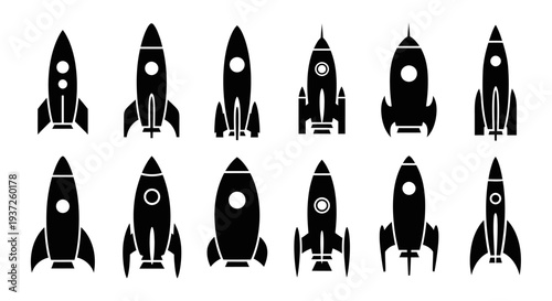 Set of twelve distinct rocket black silhouette icons on an isolated white background.