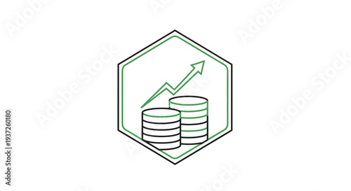 Financial Growth Concept Depicted Through Coins and Ascending Arrow Within a Hexagon Frame