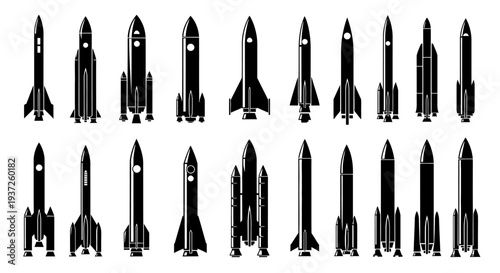 Extensive collection of uniform-style rocket black silhouette icons on an isolated white background.