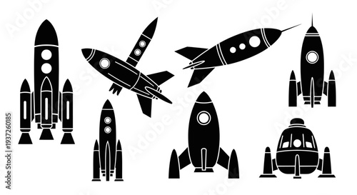 Set of five distinct rocket and spaceship black silhouette icons on an isolated white background.