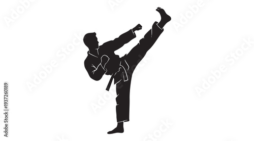 Dynamic black silhouette of a martial artist performing a powerful high kick in a traditional uniform, isolated on a white background.