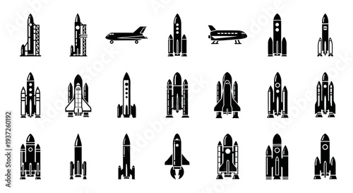 Collection of various rocket, spaceship, and space shuttle black silhouette icons on an isolated white background.