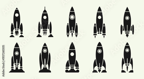 Two Rows of Diverse Rocket Silhouettes on Light Green-Grey Background
