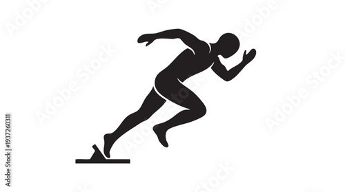 Black silhouette of a male athlete in a starting block position, poised for a sprint race on a white background, symbolizing speed and readiness.