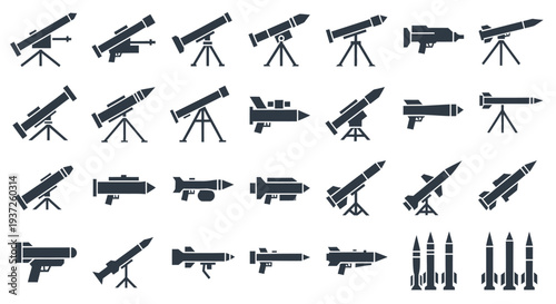 Collection of Missile Launchers, Rockets, and Bombs Silhouettes on Isolated White Background