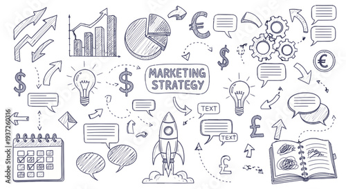 Marketing strategy doodles with financial and business elements.
