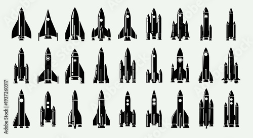 Large Collection of Diverse Rocket Silhouettes in Grid Format on Isolated White Background
