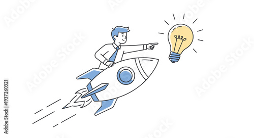 Man in suit flying on rocket towards a lightbulb.