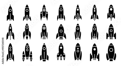 Foto Grid of Small Rocket Silhouettes in Rows and Columns on Isolated White Backgroun
