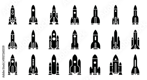 Collection of various rocket and spaceship black silhouette icons on an isolated white background.