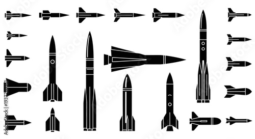 Set of Missile and Rocket Silhouettes Isolated on White Background