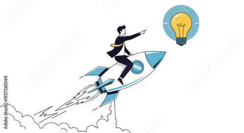 Man Riding Rocket with Light Bulb Idea.