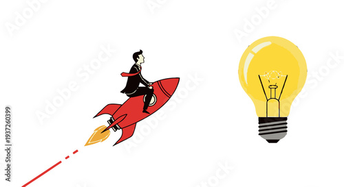 Businessman Riding Rocket Ship Next to Bright Idea Light Bulb.