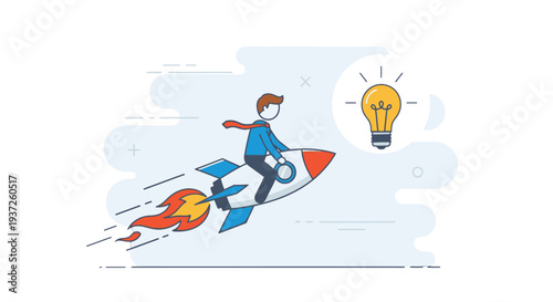 Man Riding Rocket with Light Bulb Idea.