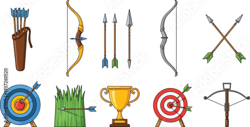 Professional Archery Equipment Vector Set Featuring Traditional Bows Crossbow Quiver Arrows and Bullseye Targets for Sports Design