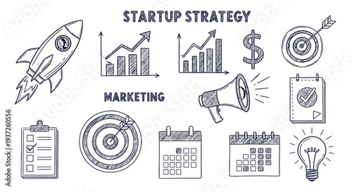 Startup strategy and marketing icons set for business planning and development.