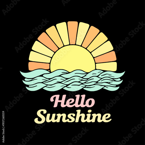 Hello Sunshine Retro Sun Ocean Waves T-shirt Vector