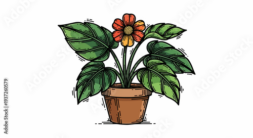 1 potted flowering houseplant line art icon with broad leaves