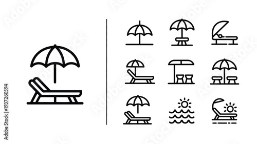 Beach umbrella and sunbed outline icon set isolated on white background with seaside vacation symbols vector collection