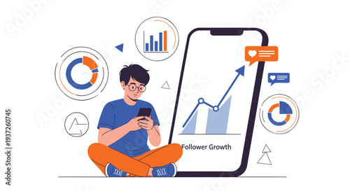 Vector illustration of a man with a mobile phone and business growth graph