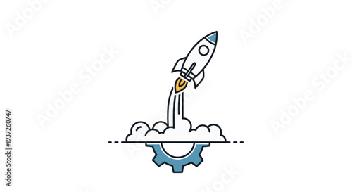 Simple line art illustration of a rocket launching from a gear.