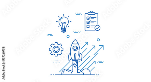 Innovative Business Idea Launching with Rocket Symbolism and Planning.