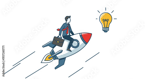 Businessman flying on a rocket with a briefcase and a lightbulb nearby.