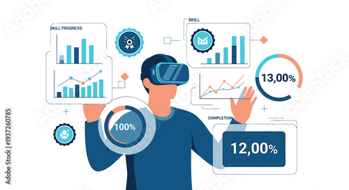 Vector illustration of a man wearing VR headset with business charts and graphs