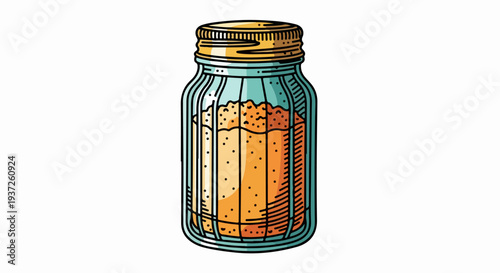 Glass spice jar with powder and metal lid line art illustration isolated on light gray background