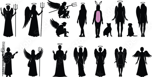 Black silhouette angel figures collection with halos, wings, tridents, animals, guitar, whimsical costumes, creative symbolic design, modern spiritual fantasy art