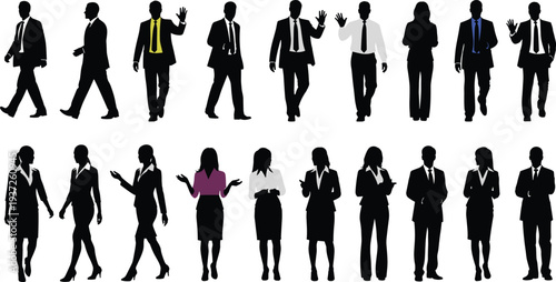 Black silhouette business professional figures collection showing men in suits with colored ties, women in attire, walking, standing, gesturing, workplace lifestyle design