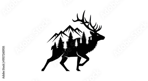 Silhouette of a stag with mountain and forest