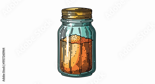 Cylindrical glass seasoning jar with powder and screw cap line art illustration isolated on light gray background